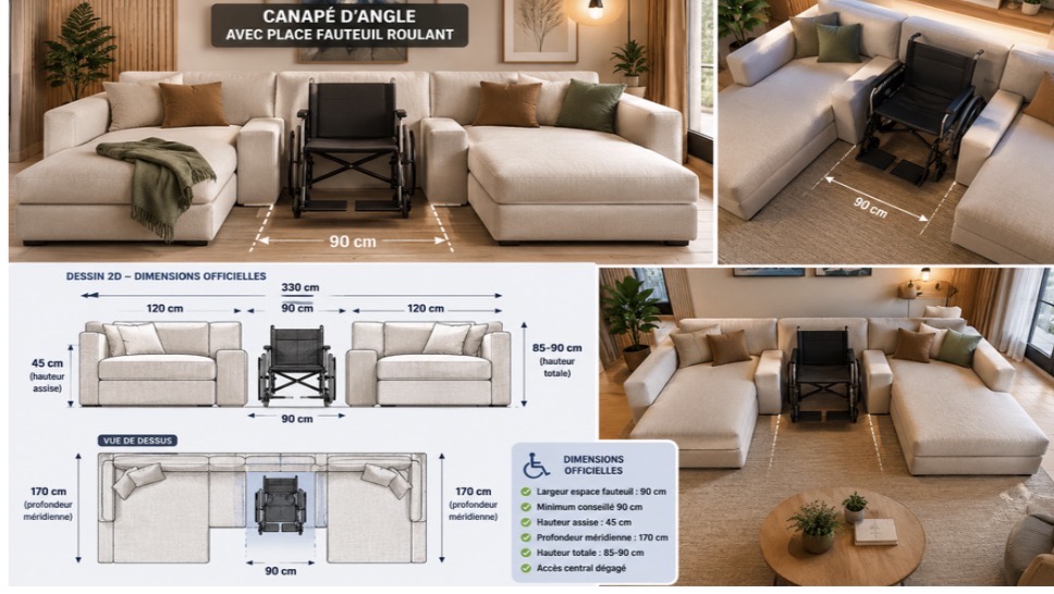 Concept de canapé PMR avec emplacement central pour fauteuil roulant