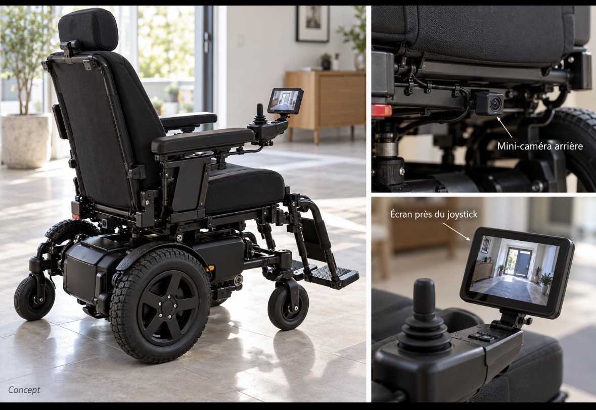 Système de vision arrière avec mini-caméra et écran près du joystick d'un fauteuil électrique