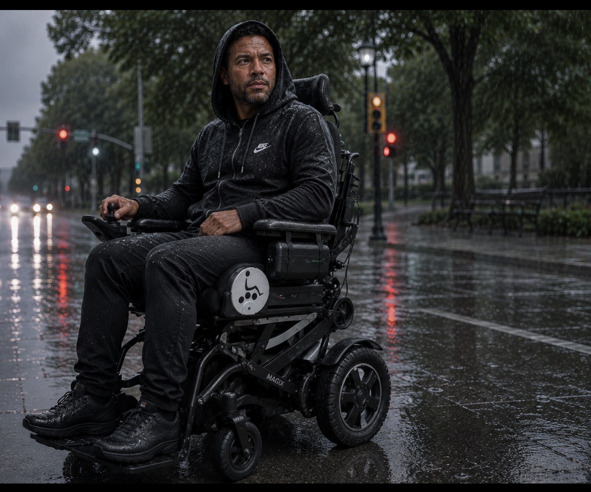 Homme en fauteuil roulant électrique équipé de la batterie externe CEGALS, en ville sous la pluie